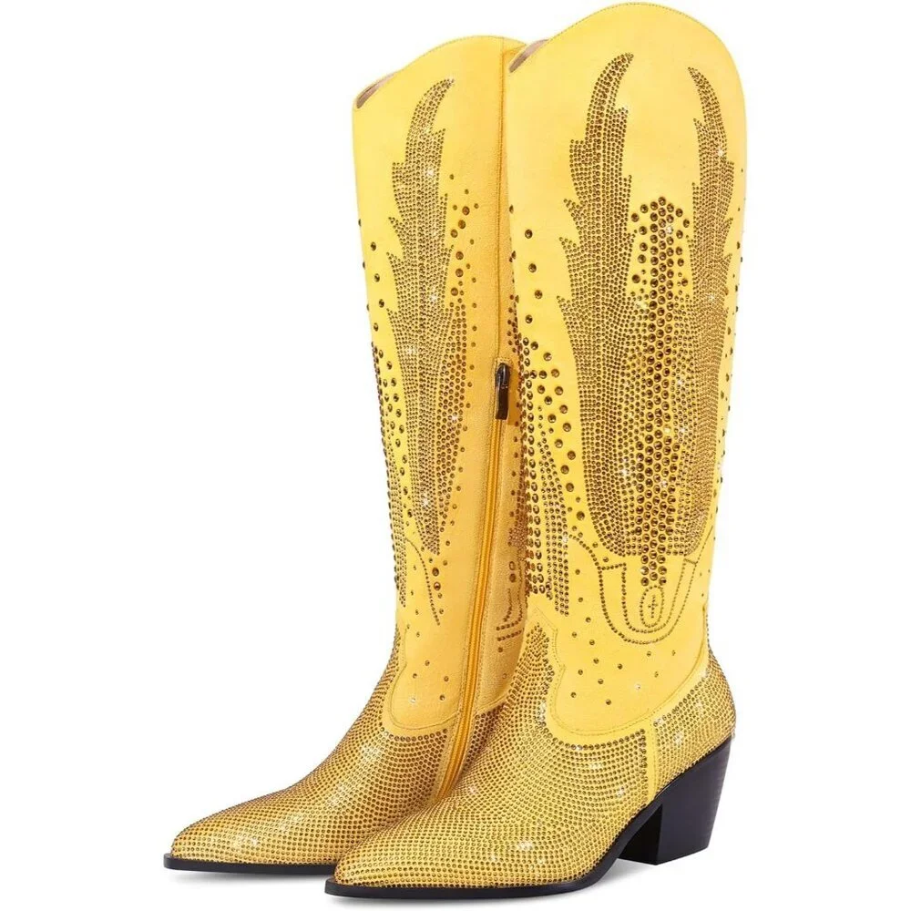 Women Polyurethane Yellow Knee High Pointed Toe Chunky Heel Rhinestone Boot